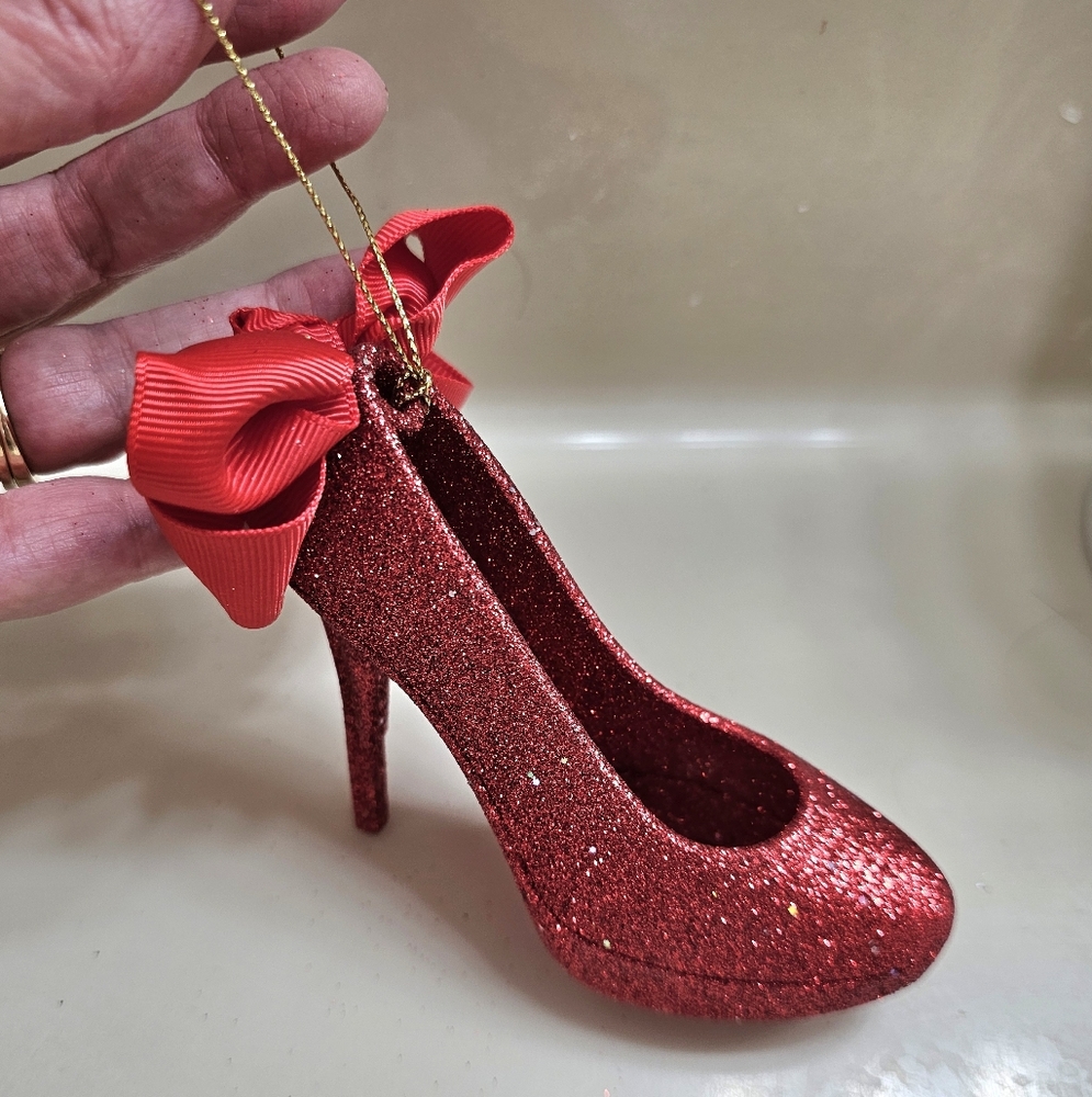 Red Glitter High Heel/Stiletto Ornament with Bow Accent- Very Sparkly!